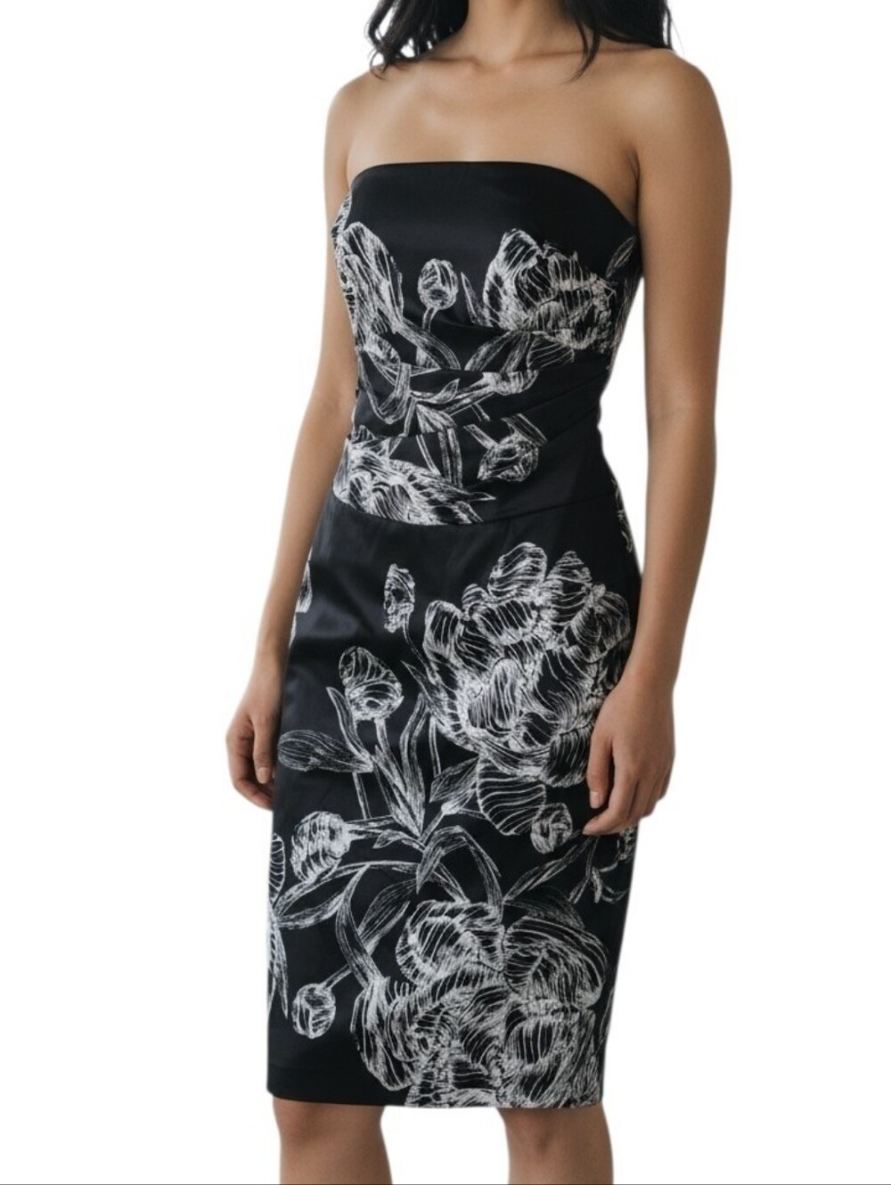 White House Black Market Strapless Black Floral Sheath Dress, Size 6